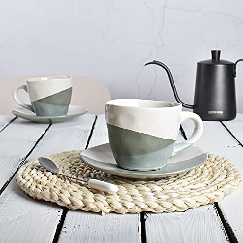 Bosmarlin Stoneware Coffee Cup Mug with Saucer Set of 2 for Latte, Cappuccino, Tea, Oz, Dishwasher and Microwave Safe (Geometric Green, 2)