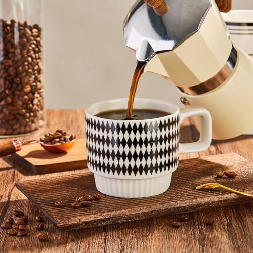 Set of 4 Ceramic Espresso Cups, 12 oz Cappuccino Cup with Spoons Stackable Tea Cup Set Espresso Coffee Cup Modern Geometric Black White Small Cafe Ice Coffee Mug Mocha Latte Tea Cups Christmas Gifts