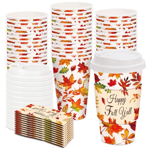 JarThenaAMCS 48 Set Fall Disposable Coffee Cups with Lids and Sleeves Maple Leaves Paper Cups Happy Fall y'all Drinking Cups for Autumn Thanksgiving Party Supplies