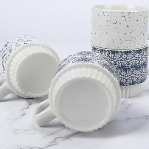 QUTREY Coffee Mugs Set of 4, 12oz Stackable Ceramic Mug Cup with Square Shaped Handle for Tea, Latte, Cocoa, Milk, Housewarming and Christmas Gifts, Geometric Pattern