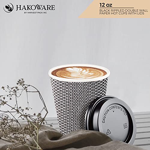 [100 SET]Harvest Pack 12 oz Disposable Coffee Cups, Insulated Ripple Double-Walled Paper Cup with Lid, Black and White Geometric, Tea Hot Chocolate Drinks To go coffee cups