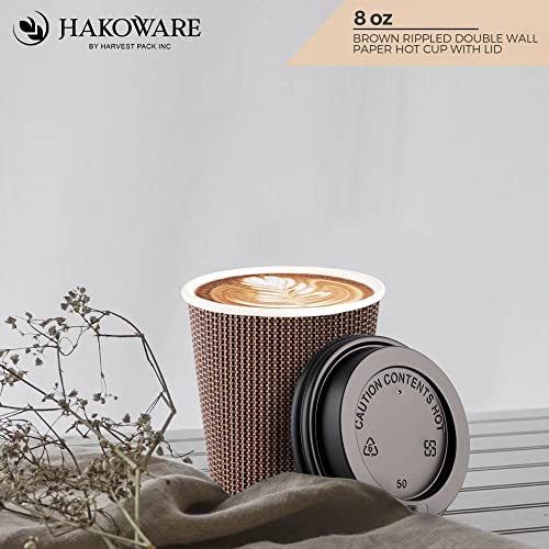 [150 SET]Harvest Pack 8 oz Disposable Coffee Cups, Insulated Ripple Double-Walled Paper Cup with Lid, Brown Geometric, Tea Hot Chocolate Drinks To go coffee cups