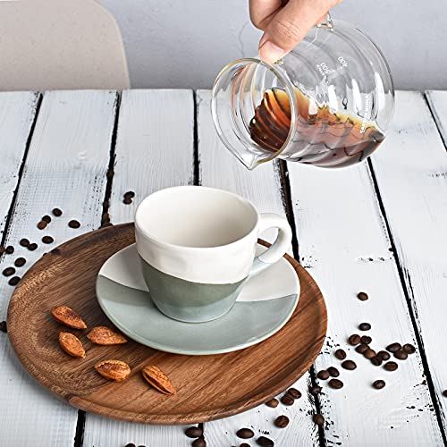 Bosmarlin Stoneware Coffee Cup Mug with Saucer Set of 2 for Latte, Cappuccino, Tea, Oz, Dishwasher and Microwave Safe (Geometric Green, 2)