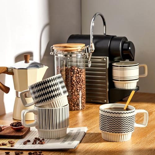 Set of 4 Ceramic Espresso Cups, 12 oz Cappuccino Cup with Spoons Stackable Tea Cup Set Espresso Coffee Cup Modern Geometric Black White Small Cafe Ice Coffee Mug Mocha Latte Tea Cups Christmas Gifts
