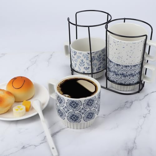 QUTREY Coffee Mugs Set of 4, 12oz Stackable Ceramic Mug Cup with Square Shaped Handle for Tea, Latte, Cocoa, Milk, Housewarming and Christmas Gifts, Geometric Pattern