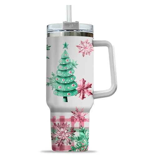 Pastel Christmas Tree Stainless Steel Tumbler 40Oz With Handle - Insulated Tumbler Holiday Coffee Travel Mug for Tea, Latte, Hot Chocolate - Seasonal Xmas Gifts for Women, Men, Coworker or Friends
