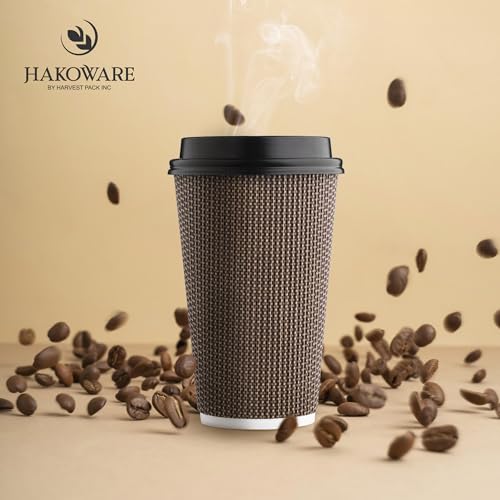 [340 SET]Harvest Pack 16 oz Disposable Coffee Cups, Insulated Ripple Double-Walled Paper Cup with Lid, Brown Geometric, Tea Hot Chocolate Drinks To go coffee cups