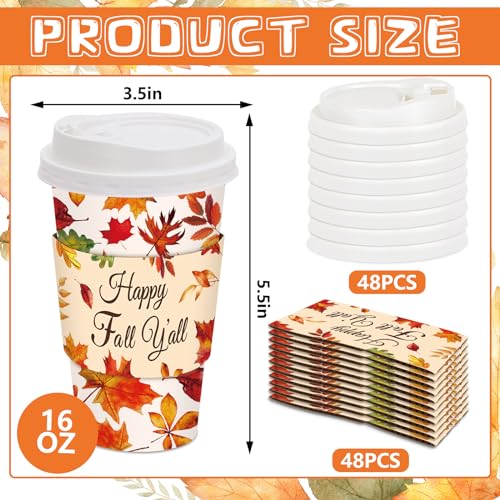 JarThenaAMCS 48 Set Fall Disposable Coffee Cups with Lids and Sleeves Maple Leaves Paper Cups Happy Fall y'all Drinking Cups for Autumn Thanksgiving Party Supplies