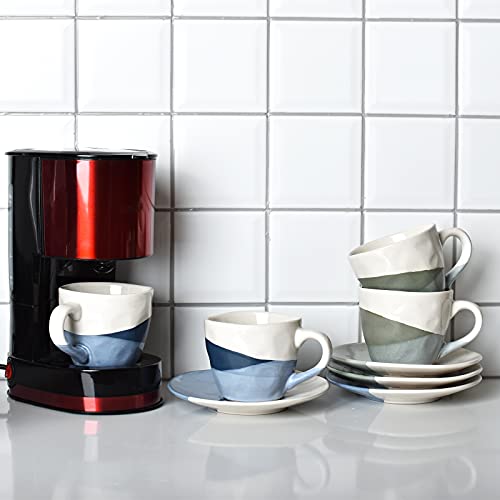 Bosmarlin Stoneware Coffee Cup Mug with Saucer Set of 2 for Latte, Cappuccino, Tea, Oz, Dishwasher and Microwave Safe (Geometric Green, 2)