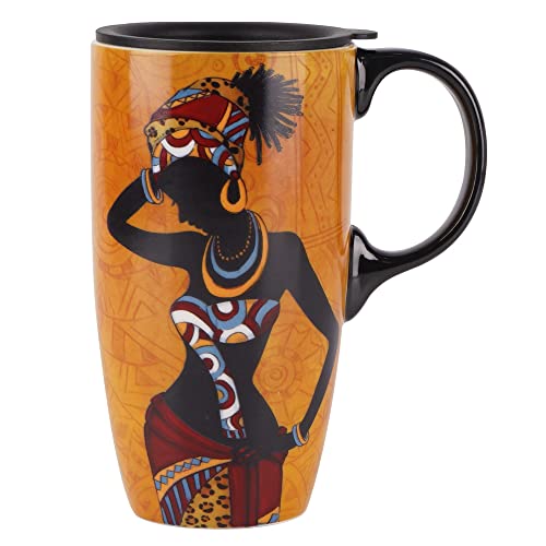 Topadorn Coffee Ceramic Mug Porcelain Latte Tea Cup With Lid in Gift Box 17oz.Young Lady