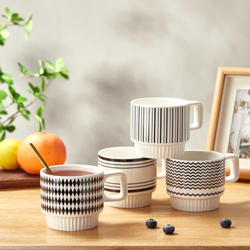 Set of 4 Ceramic Espresso Cups, 12 oz Cappuccino Cup with Spoons Stackable Tea Cup Set Espresso Coffee Cup Modern Geometric Black White Small Cafe Ice Coffee Mug Mocha Latte Tea Cups Christmas Gifts