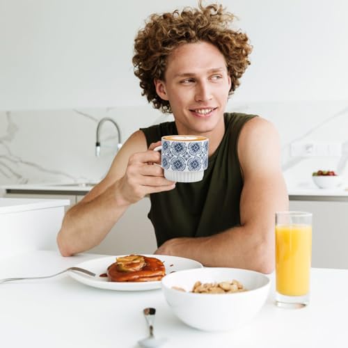 QUTREY Coffee Mugs Set of 4, 12oz Stackable Ceramic Mug Cup with Square Shaped Handle for Tea, Latte, Cocoa, Milk, Housewarming and Christmas Gifts, Geometric Pattern