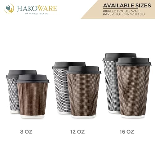 [340 SET]Harvest Pack 16 oz Disposable Coffee Cups, Insulated Ripple Double-Walled Paper Cup with Lid, Brown Geometric, Tea Hot Chocolate Drinks To go coffee cups