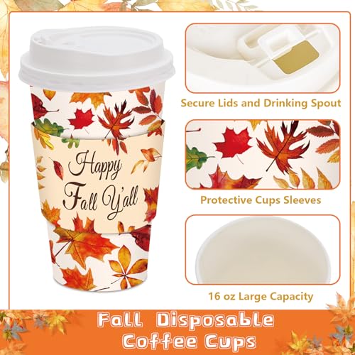 JarThenaAMCS 48 Set Fall Disposable Coffee Cups with Lids and Sleeves Maple Leaves Paper Cups Happy Fall y'all Drinking Cups for Autumn Thanksgiving Party Supplies