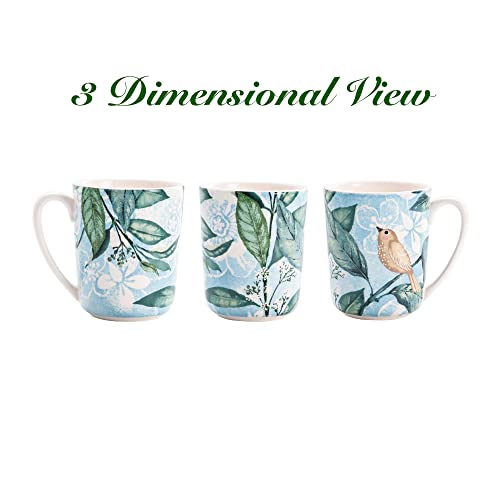 Bico Greenary Happy Birds Ceramic Mugs, 16oz, Set of 4, for Coffee, Tea, Drinks, Microwave & Dishwasher Safe