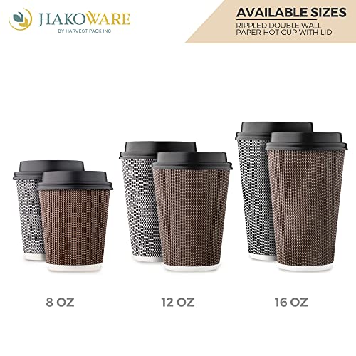 [100 SET]Harvest Pack 12 oz Disposable Coffee Cups, Insulated Ripple Double-Walled Paper Cup with Lid, Black and White Geometric, Tea Hot Chocolate Drinks To go coffee cups