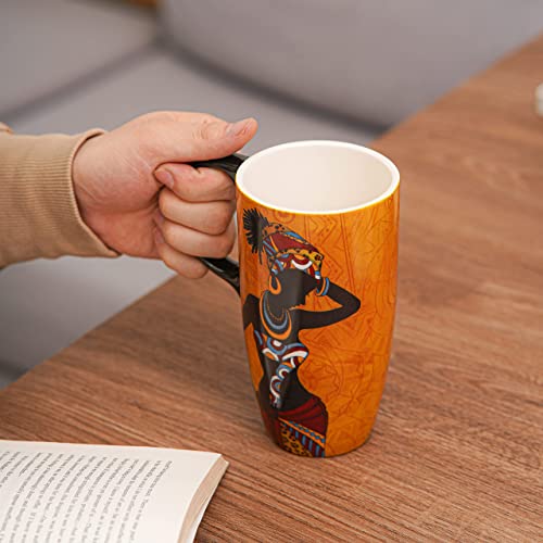 Topadorn Coffee Ceramic Mug Porcelain Latte Tea Cup With Lid in Gift Box 17oz.Young Lady