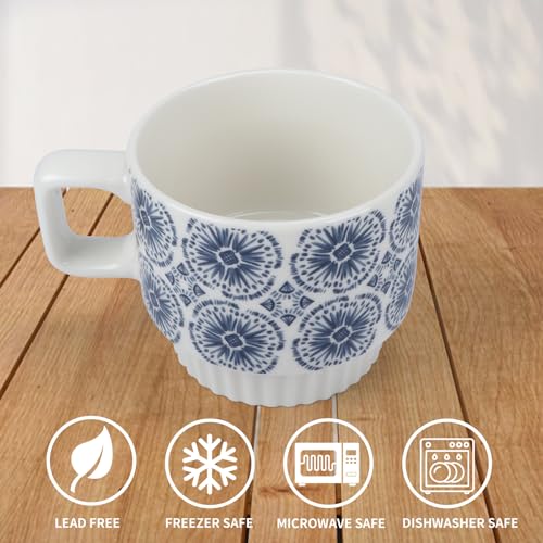 QUTREY Coffee Mugs Set of 4, 12oz Stackable Ceramic Mug Cup with Square Shaped Handle for Tea, Latte, Cocoa, Milk, Housewarming and Christmas Gifts, Geometric Pattern