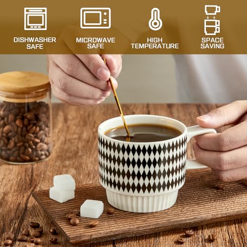 Set of 4 Ceramic Espresso Cups, 12 oz Cappuccino Cup with Spoons Stackable Tea Cup Set Espresso Coffee Cup Modern Geometric Black White Small Cafe Ice Coffee Mug Mocha Latte Tea Cups Christmas Gifts