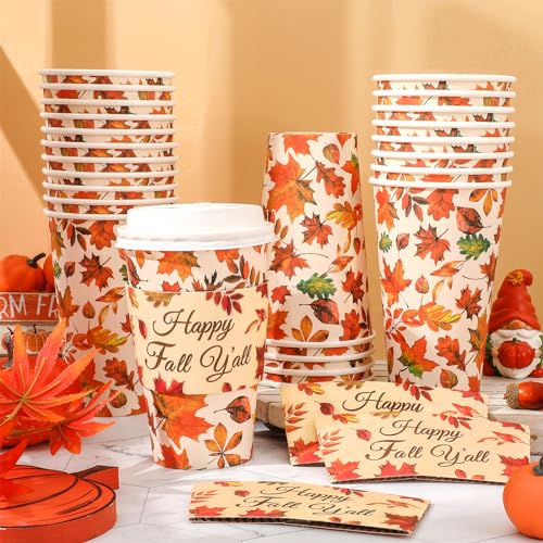 JarThenaAMCS 48 Set Fall Disposable Coffee Cups with Lids and Sleeves Maple Leaves Paper Cups Happy Fall y'all Drinking Cups for Autumn Thanksgiving Party Supplies