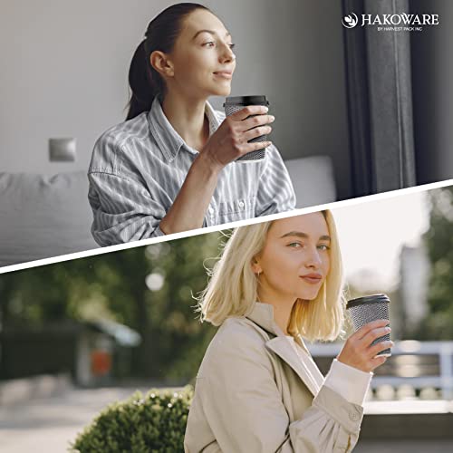 [100 SET]Harvest Pack 12 oz Disposable Coffee Cups, Insulated Ripple Double-Walled Paper Cup with Lid, Black and White Geometric, Tea Hot Chocolate Drinks To go coffee cups