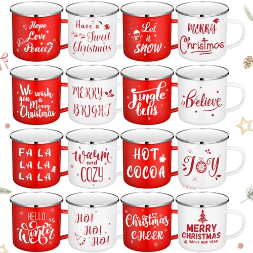 Suttmin 16 Pcs Christmas Enamel Winter Holiday Coffee Mugs with Quotes 12 Oz Seasonal Merry Christmas Mugs White and Red Cups Funny Novelty Xmas Coffee Mugs for Women, Coworkers, Kids (Snow)