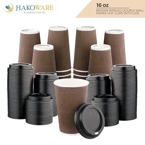 [340 SET]Harvest Pack 16 oz Disposable Coffee Cups, Insulated Ripple Double-Walled Paper Cup with Lid, Brown Geometric, Tea Hot Chocolate Drinks To go coffee cups