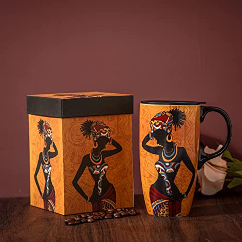 Topadorn Coffee Ceramic Mug Porcelain Latte Tea Cup With Lid in Gift Box 17oz.Young Lady