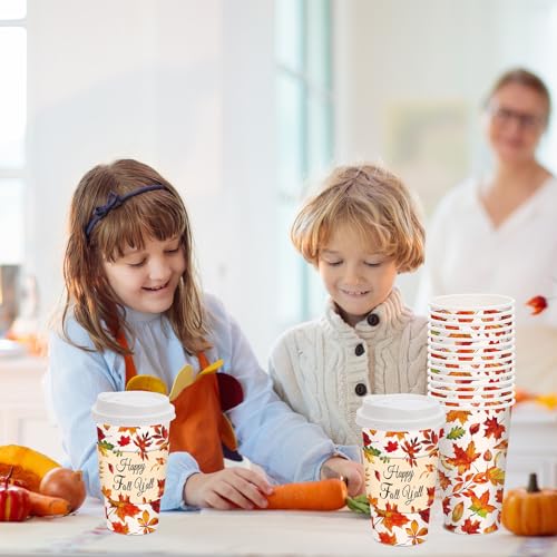 JarThenaAMCS 48 Set Fall Disposable Coffee Cups with Lids and Sleeves Maple Leaves Paper Cups Happy Fall y'all Drinking Cups for Autumn Thanksgiving Party Supplies