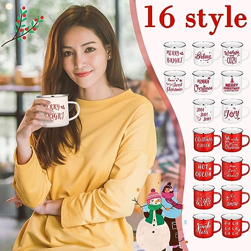 Suttmin 16 Pcs Christmas Enamel Winter Holiday Coffee Mugs with Quotes 12 Oz Seasonal Merry Christmas Mugs White and Red Cups Funny Novelty Xmas Coffee Mugs for Women, Coworkers, Kids (Snow)