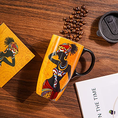 Topadorn Coffee Ceramic Mug Porcelain Latte Tea Cup With Lid in Gift Box 17oz.Young Lady