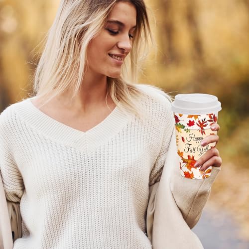 JarThenaAMCS 48 Set Fall Disposable Coffee Cups with Lids and Sleeves Maple Leaves Paper Cups Happy Fall y'all Drinking Cups for Autumn Thanksgiving Party Supplies
