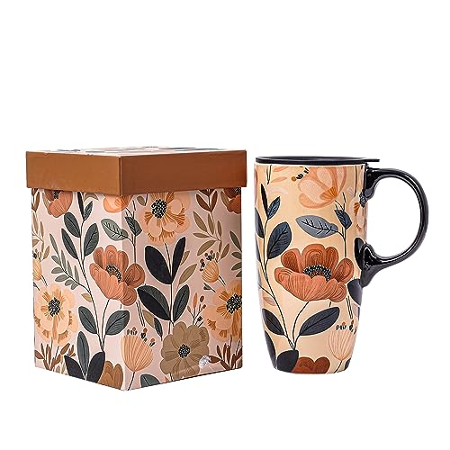 Topadorn Coffee Ceramic Mug Porcelain Latte Tea Cup With Lid in Gift Box 17oz., Leaves & Flowers.