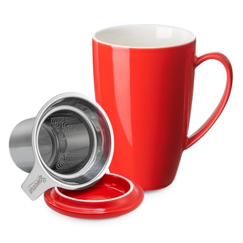 Sweese 15 OZ Porcelain Tea Mug with Infuser and Lid, Loose Leaf Tea Cup, Gifts for Tea Lover, Red