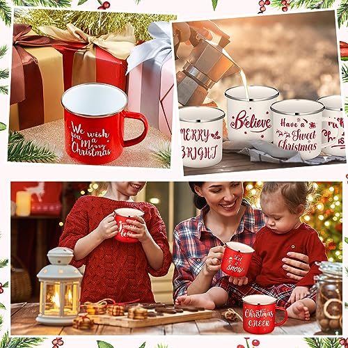 Suttmin 16 Pcs Christmas Enamel Winter Holiday Coffee Mugs with Quotes 12 Oz Seasonal Merry Christmas Mugs White and Red Cups Funny Novelty Xmas Coffee Mugs for Women, Coworkers, Kids (Snow)
