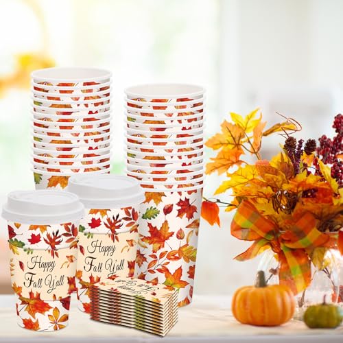 JarThenaAMCS 48 Set Fall Disposable Coffee Cups with Lids and Sleeves Maple Leaves Paper Cups Happy Fall y'all Drinking Cups for Autumn Thanksgiving Party Supplies