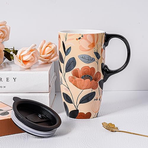 Topadorn Coffee Ceramic Mug Porcelain Latte Tea Cup With Lid in Gift Box 17oz., Leaves & Flowers.