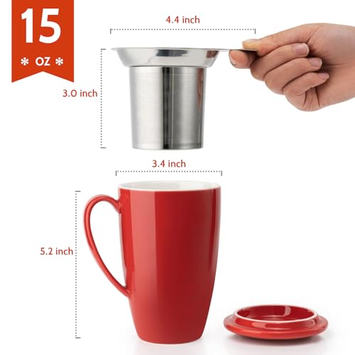Sweese 15 OZ Porcelain Tea Mug with Infuser and Lid, Loose Leaf Tea Cup, Gifts for Tea Lover, Red