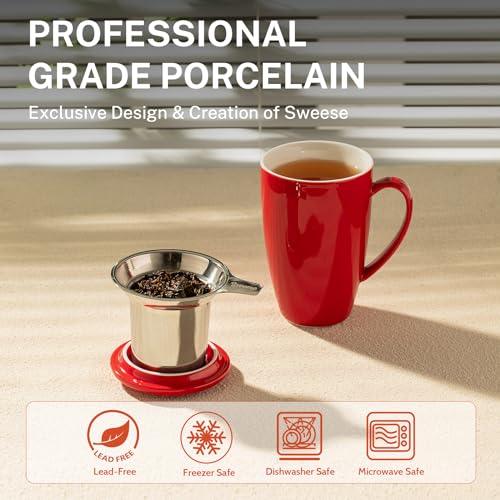 Sweese 15 OZ Porcelain Tea Mug with Infuser and Lid, Loose Leaf Tea Cup, Gifts for Tea Lover, Red