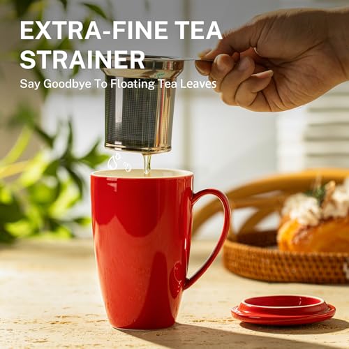 Sweese 15 OZ Porcelain Tea Mug with Infuser and Lid, Loose Leaf Tea Cup, Gifts for Tea Lover, Red