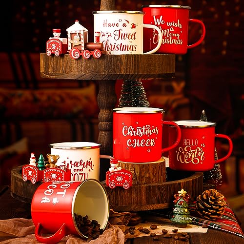 Suttmin 16 Pcs Christmas Enamel Winter Holiday Coffee Mugs with Quotes 12 Oz Seasonal Merry Christmas Mugs White and Red Cups Funny Novelty Xmas Coffee Mugs for Women, Coworkers, Kids (Snow)