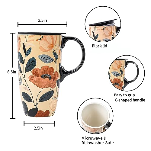 Topadorn Coffee Ceramic Mug Porcelain Latte Tea Cup With Lid in Gift Box 17oz., Leaves & Flowers.