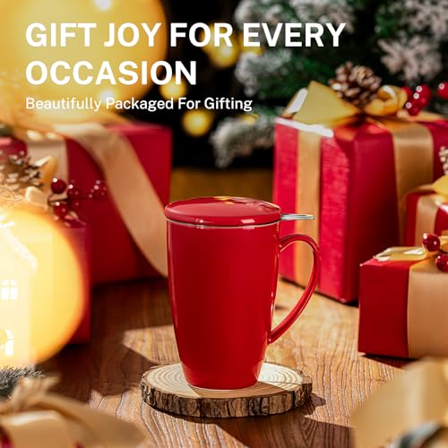 Sweese 15 OZ Porcelain Tea Mug with Infuser and Lid, Loose Leaf Tea Cup, Gifts for Tea Lover, Red