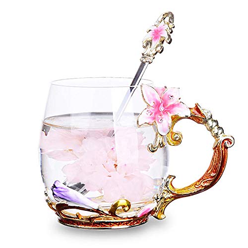 Goodking Flower Glass Coffee Mug Tea Cup with Spoon, Best Birthday, Christmas, Valentine's Day, Mothers Day Gifts for Women Wife Mom Friends