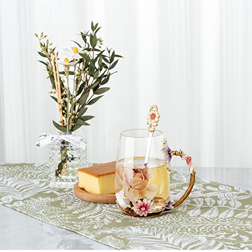 Natayoo Enamel Flower Glass Coffee Mugs Tea Cup with Steel Spoon, Best Christmas Gifts For Women Wife Mom Friends Birthday Mothers Day Valentines Day Present Idea