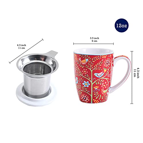 Bico Red Spring Bird 12oz Porcelain Tea Mug with Infuser and Lid, Microwave & Dishwasher Safe