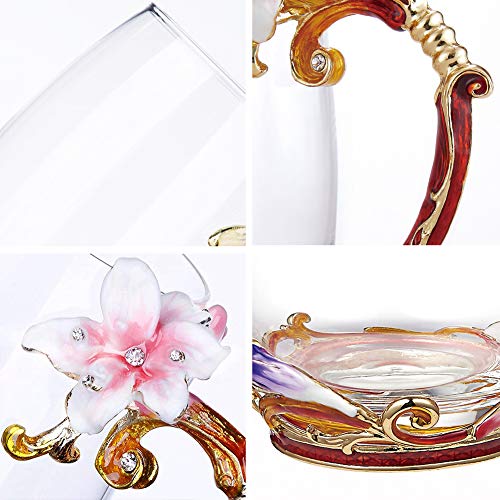 Goodking Flower Glass Coffee Mug Tea Cup with Spoon, Best Birthday, Christmas, Valentine's Day, Mothers Day Gifts for Women Wife Mom Friends