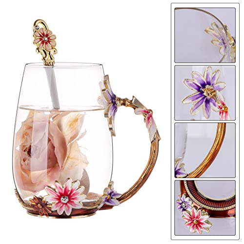 Natayoo Enamel Flower Glass Coffee Mugs Tea Cup with Steel Spoon, Best Christmas Gifts For Women Wife Mom Friends Birthday Mothers Day Valentines Day Present Idea
