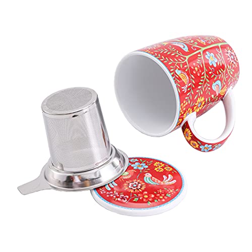 Bico Red Spring Bird 12oz Porcelain Tea Mug with Infuser and Lid, Microwave & Dishwasher Safe