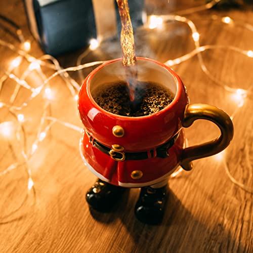 Christmas Santa Claus Mug - Hand Painted - Holiday Seasonal Gift, Coffee, Tea Water - 14 oz 6" High Winter Season Cup, Cute Merry Xmas, Reindeer, Snowman, Christmas Tree Design, Red & White Gold Decor